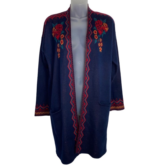 BCBG Sweaters - MaxSport Mx4760 navy blue and red floral pattern open face sweater cardigan